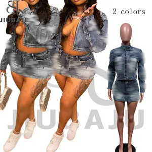 Grosir jaket ritsleting biru rok Mini katun Denim Set bordir wanita Streetwear 2024 rok jeans Set