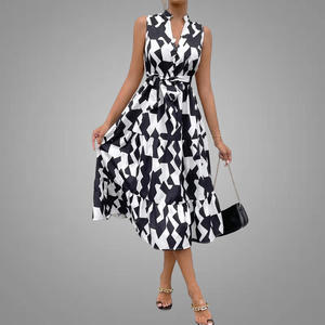 Abiti da donna con cintura con orlo arricciato con stampa di alta qualità abiti Casual senza maniche con bottoni sul davanti <span class=keywords><strong>balza</strong></span> <span class=keywords><strong>una</strong></span> linea elegante <span class=keywords><strong>abito</strong></span> da donna - Product Image 4