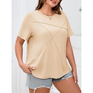 Fisoew Camiseta de manga corta para mujer, talla grande, informal, holgada, con cuello redondo, túnica asimétrica, jersey de algodón transpirable - Product Image 2