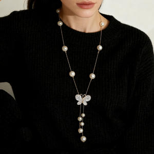 Модное ожерелье Y-образной формы с длинными бахромами и жемчугом для женщин, ручной работы, с имитацией хрустальных бусин, цепочка для свитера, ювелирное украшение для дружбы, подарок - Product Image 1