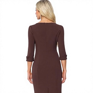 Vestido de Fiesta Formal Moderno para Mujer, Color Chocolate, Largo hasta la Rodilla, Cuello en V, Cintura Alta, Silueta Ajustada, Manga Tres Cuartos - Product Image 3