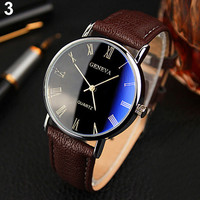 Montre à quartz pour homme Genève avec boîtier en alliage, bracelet en cuir, cadran bleu lumineux, chiffres romains et aiguilles - Style professionnel GW008