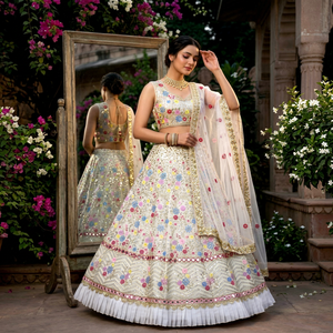 White Traditional Floral Embroidered Lehenga Choli <b>Net</b> <b>Dupatta</b> Heavy Wedding Diwali Party Bridal Outfit Women - Product Image 1