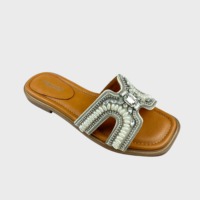 Nouvelles sandales plates de luxe pour femme, mode estivale, à bout ouvert, respirantes, avec strass et perles, style H, à enfiler, pour pieds plats