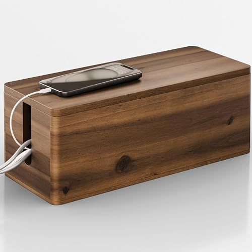 Acacia Wood Large Cable Management Box 16" L Wooden Power Strip Organizer Square Cable Hider with Round Edge for Office Use