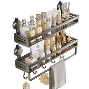 Étagère de rangement à ventouse pour salle de bain, 60x70cm, rectangulaire, murale, avec crochets et barre, fixation d'angle durable - Product Image 1
