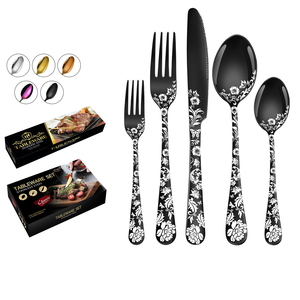 Cubiertos de acero inoxidable con diseño de flores negras para comer, cubiertos, tenedores de cena pulidos mate, cuchillos para carne, cucharas - Product Image 1