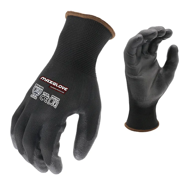 MaxiPact Light weight anti-static working gloves wholesale black nylon dipped pu touchscreen extreme grip safety work gloves