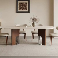 Table à manger murale haut de gamme de style moderne français, rectangulaire, avec cadre en bois massif et plateau en pierre frittée, finition mate, pour îlot de cuisine