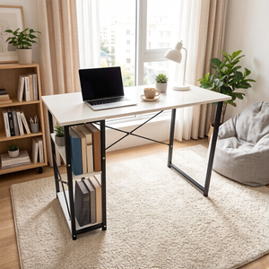 Modern Simple Computer <strong>Desk</strong> with Side Bookshelf Wooden Top &amp; Metal Frame Study Writing <strong>Desk</strong> for Home Office <strong>Small</strong> <strong>Space</strong> - Product Image 1