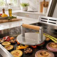 Presse à griller robuste en acier inoxydable de 8 mm d'épaisseur avec manche en bois résistant à la chaleur pour restaurants, traiteurs, barbecues, écoles et extérieur