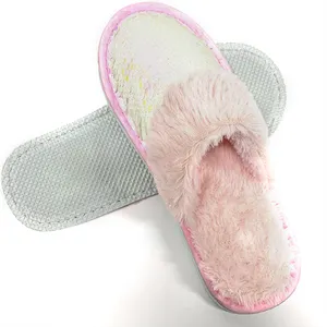 Zapatillas de terciopelo de alta calidad para mujer, zapatos de Hotel desechables, esponjosos y peludos, con lentejuelas rosas, cálidas, para invierno