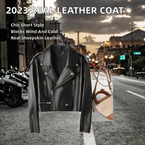 2023 New Design High Quality Waterproof Breathable Windproof Single Button Finished Genuine <b>Leather</b> Motorcycle <b>Jacket</b> Women's - Product Image 2