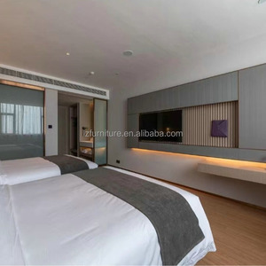 Ensemble de chambre d'hôtel moderne et minimaliste, lit king size en MDF avec tête de lit capitonnée intégrée et tables de chevet, pour hôtel 3 étoiles - Product Image 5