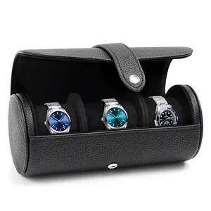 Custom 3 Grids Cilindro Roll Holder Relógio de pulso Jóias Gift Storage Display Case Leather Watch roll Watch Box Organizer for Men