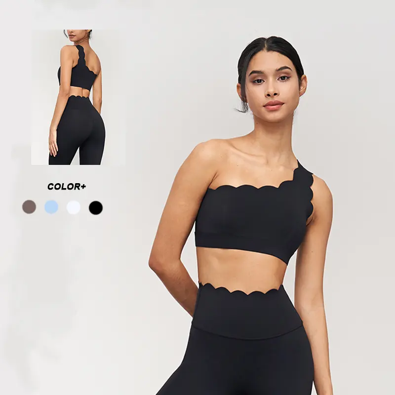 Nouveau cette semaine en forme de pétoncle personnalisé Gym une épaule femmes soutiens-gorge de sport Yoga séchage rapide hauts courts 80nylon 20spandex