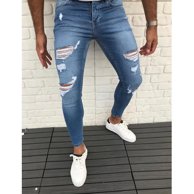 GZY OEM Men' Clothing Fashion Casual Pants Zipper Fly Stock jean Ripped Jeans Scratch Men's Jeans Slim Fit