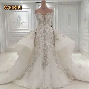 2022 robe de mariée sirène perlée de luxe avec surjupe détachable cristaux scintillants diamants robes de mariée