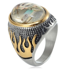 yunnique Men's <b>Titanium</b> Steel Flame <b>Ring</b> Oval Stone Bezel Setting Two Tone Punk Style Jewelry Gift - Product Image 4