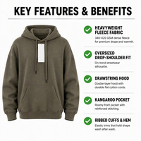 Sweat à capuche surdimensionné Cenloong en molleton bouclette avec patch en chenille, effet délavé vintage, gris, avec cordons en corde, pour homme