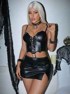 Spicy <span class=keywords><strong>Girl</strong></span> strapless navel-bloot PU Halloween ketting sexy patchwork nachtclub erotische shapewear set 2-delig puur verlangen charmant - Product Image 6