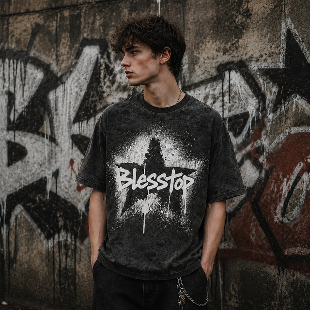 Blesstop Men's Washed Graphic T Shirt with Distressed Vintage Print, Oversized Streetwear Tee for Rock Fashion Clothing Brands