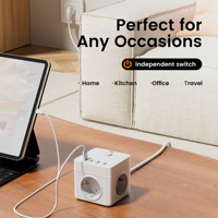 Enchufe de Extensión Europeo 7 en 1 con Puertos USB, 3 Tomas de Corriente Alterna, Enchufe Europeo para Cable de 3 Metros con Cubiertas de Seguridad