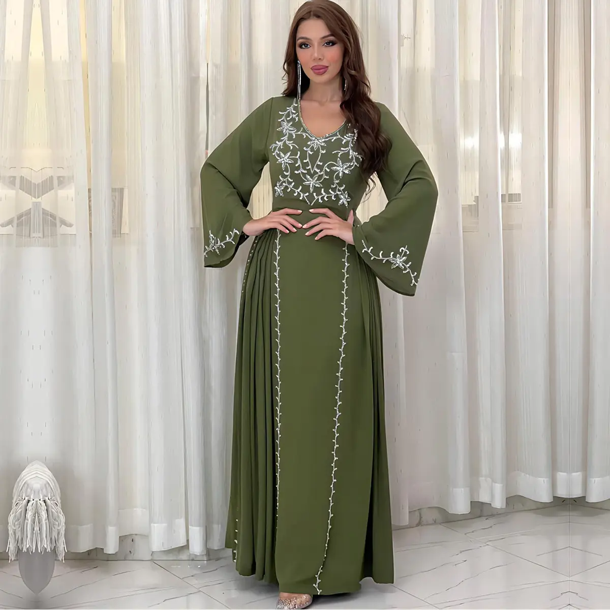 Luxury Muslim Women Long Sleeve Abaya Dress Eid Arabic Female Dubai Evening Party Jalabiya Moroccan Kaftan Islamic Turkey Dress