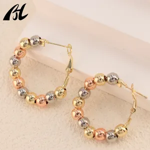 Fashion Jewelry Women 14k Gold Plated Tricolor Beaded C-Shaped Hoop Huggie Statement Earrings