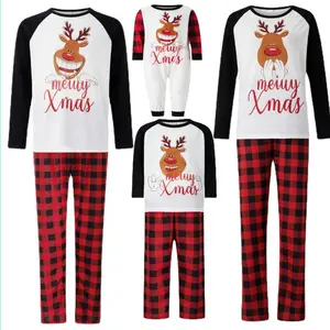 New product Hot sale Funny Elk Print Long Sleeve Black and White Plaid Pants Christmas pajamas set family matching