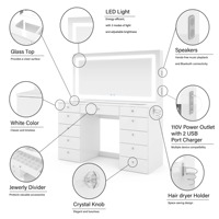 Table de toilette moderne européenne blanche à 11 tiroirs avec miroir spacieux, éclairage et prise de courant intégrée, MOQ 100