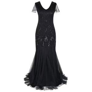 Robe longue de soirée pour femme style Charleston des années 20, avec paillettes et perles, col en V, en maille, élégante pour bal et fêtes - Product Image 6