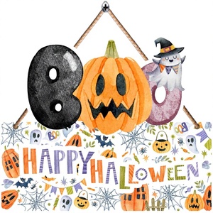 Décoration murale suspendue Halloween : Panneau « Boo Happy Halloween », citrouille et fantôme pour fête - Product Image 1