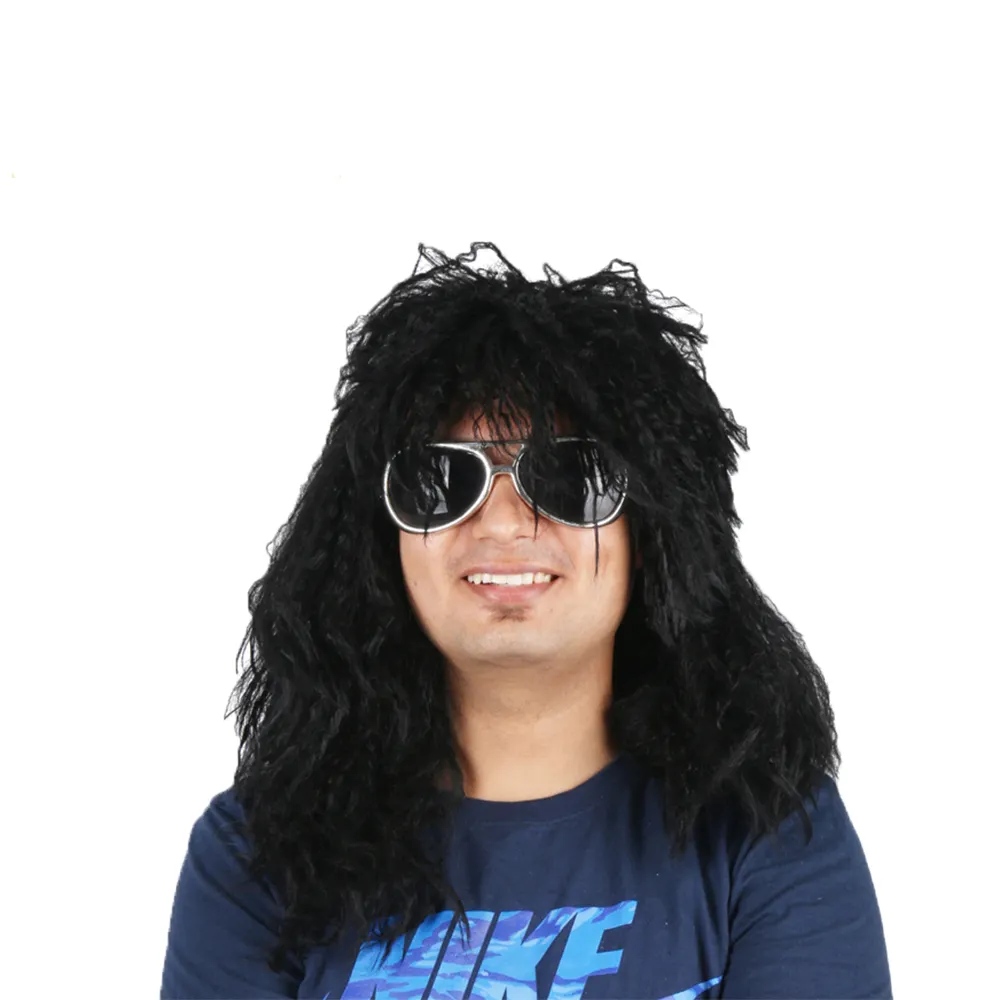 Vente chaude noir synthétique perruques de cheveux d'hommes de mode lourd rock star perruque