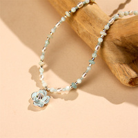 Collier pendentif fleur pierre naturelle bleu clair plaqué argent perle coquillage vert clair cristal imitation argent