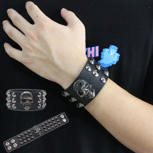 Punk Hip Hop Rock PU Leather Bracelet Unisex Fashion Chain Cool Rivet Bracelet Party Jewelry Accessories skull New Style
