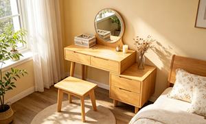 Coiffeuse scandinave en bois de hêtre massif avec miroir éclairé et tiroirs de rangement pour chambre à coucher - Product Image 4