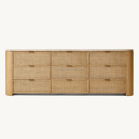 Commode de Luxe MYHOME 2025 en Chêne Massif à 9 Tiroirs avec Plateau en Travertin Moderne et Panneaux en Rotin Tressé, Meuble de Chambre en Bois Massif