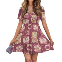 Robe d'été décontractée à col en V, longueur genou, manches courtes, respirante, pour les vacances à la plage (spandex/polyester) - Fabrication sur demande