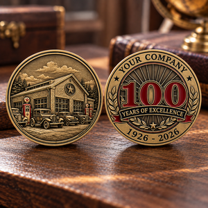 Pièces de défi personnalisées 100e anniversaire, finition laiton antique, double face, motif héritage en relief, cadeaux commémoratifs d'entreprise - Product Image 1