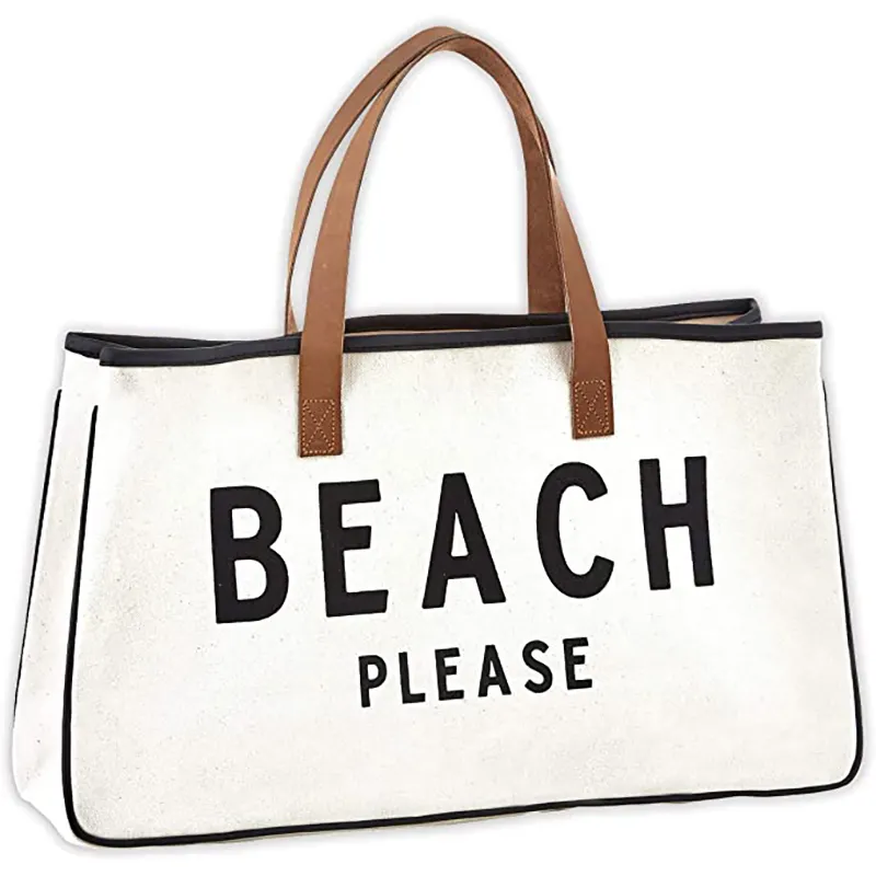 Custom logo large waterproof women canvas cotton sea beach towel tote bag leather handle wholesale