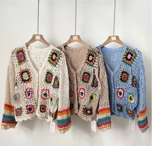 Cardigan en tricot de haute qualité pour femme, motif floral <span class=keywords><strong>au</strong></span> <span class=keywords><strong>crochet</strong></span>, carrés <span class=keywords><strong>Granny</strong></span>, coloré, à manches évasées, ouvert sur le devant, style veste de couverture - Product Image 2