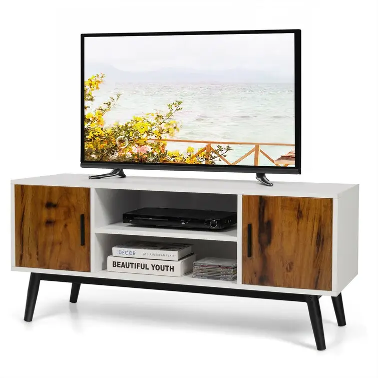 2-tier open shelves and 2 cabinets provide ample space TV Stand for TVs up to 55" living room TV cabinet