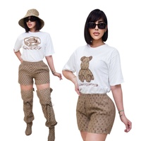 Conjunto de 2 Piezas de Verano para Mujer, Casual, con Bordado Estampado, 100% Algodón, Pantalones Cortos por Encima de la Rodilla y Manga Corta