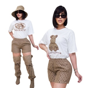 Fashion Casual Women's Summer Embroidery Printed 100% Cotton Above Knee Short Sleeved Shorts 2 Piece <b>Set</b> - Product Image 2