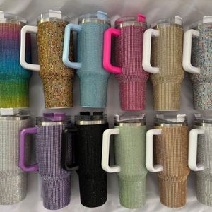 Mug de voyage isotherme en acier inoxydable, gobelet à vide diamanté avec paille, cristal scintillant, gobelet de 40 oz avec poignée - Product Image 2