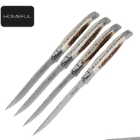 Ensemble de couteaux à steak Laguiole de luxe en acier inoxydable, lame dentelée, qualité supérieure, manche en bois de cerf, logo gravé au laser