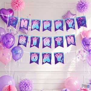 Guirnalda <span class=keywords><strong>de</strong></span> Banderines con Brillo <span class=keywords><strong>de</strong></span> <span class=keywords><strong>Feliz</strong></span> <span class=keywords><strong>Cumpleaños</strong></span>, Degradado Morado y Azul, con <span class=keywords><strong>Notas</strong></span> <span class=keywords><strong>Musicales</strong></span>, Decoración para Fiestas Infantiles - Product Image 1