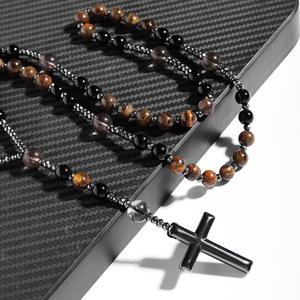 Collier <span class=keywords><strong>de</strong></span> prière catholique en perles <span class=keywords><strong>de</strong></span> pierre œil <span class=keywords><strong>de</strong></span> tigre naturelle <span class=keywords><strong>de</strong></span> 8 mm, perles nouées, pour femmes et hommes, pendentif croix en hématite, bijoux Mala - Product Image 2