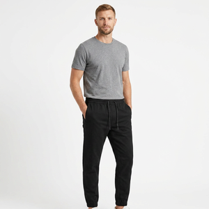 Joggers décontractés noirs en coton pour hommes, taille élastique avec cordon de serrage, poches latérales, poids moyen, respirants, tissés, anti-plis, pour l'été - Product Image 1